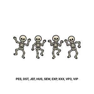 Peut inclure: Quatre squelettes blanc cassé dans diverses poses de danse avec des contours et des détails noirs. Sous les squelettes, le texte indique : PES, DST, JEF, HUS, SEW, EXP, XXX, VP3, VIP. Il s'agit d'un ensemble de fichiers de broderie numérique.