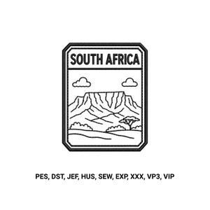 May include: A rectangular black and white embroidery design featuring the text SOUTH AFRICA at the top, a mountain landscape with clouds and a tree below, and a list of file formats including PES, DST, JEF, HUS, SEW, EXP, XXX, VP3, and VIP.