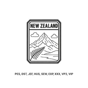 May include: A black and white machine embroidery design featuring a rectangular border, the text NEW ZEALAND, a mountain peak, two clouds, and a fern frond. Below the design, the text reads PES, DST, JEF, HUS, SEW, EXP, XXX, VP3, VIP.
