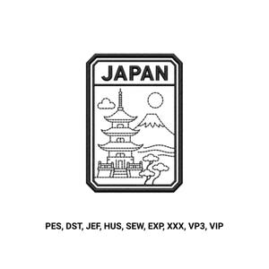 May include: A rectangular black and white embroidery design featuring the word JAPAN at the top, a pagoda, a mountain, a sun, and a tree. Below the design, the text reads PES, DST, JEF, HUS, SEW, EXP, XXX, VP3, VIP, indicating file formats.