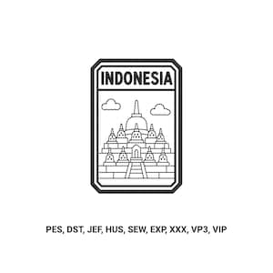 May include: A rectangular black and white embroidered patch featuring the word INDONESIA at the top and a line art illustration of the Borobudur temple with two clouds below. The text PES, DST, JEF, HUS, SEW, EXP, XXX, VP3, VIP is below.
