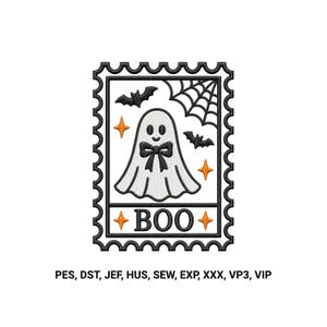 May include: An embroidery design shaped like a postage stamp featuring a white ghost with a black bow tie, two black bats, a spider web, and orange stars. The word BOO is printed in black below the ghost. File formats listed: PES, DST, JEF, HUS, SEW, EXP, XXX, VP3, VIP.