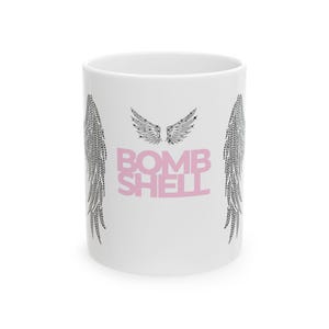 Bombshell-mok Keramische mok Angel Wings | Koffiekopje roze tekst