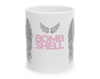 Bombshell Mug Angel Wings Ceramic Mug | Pink Text Coffee Cup