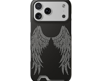 Black ver of Angel Wings Phone Case with Card Holder | Rhinestone Feather Wing Design