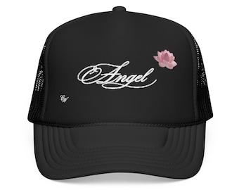 Angel Script Trucker Hat | Pink Rose Embroidery, Script Logo