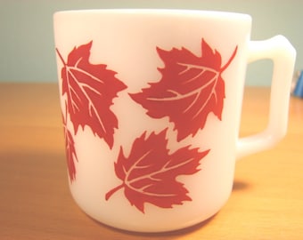 Hazel Atlas Milk Glass Red Maple Leaf Mug