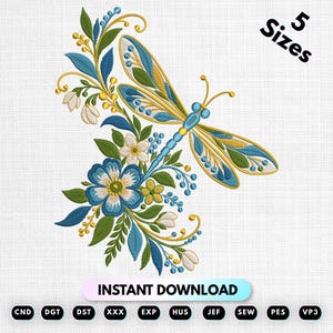 May include: An embroidery design featuring a blue and yellow dragonfly perched on a cluster of blue and white flowers with green leaves. The text 5 Sizes and INSTANT DOWNLOAD appears alongside file format abbreviations CND, DGT, DST, XXX, EXP, HUS, JEF, SEW, PES, VP3.
