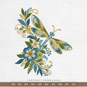 May include: An embroidery design featuring a dragonfly with blue and yellow wings positioned above a cluster of blue and white flowers, green leaves, and yellow berries. The text "INSTANT DOWNLOAD" appears below with file formats CND, DGT, DST, XXX, EXP, HUS, JEF, SEW, PES, VP3.