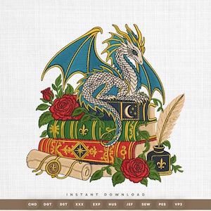 May include: An embroidery design featuring a white dragon with blue wings perched on a stack of three books. The books are decorated with a crescent moon, gold fleur-de-lis, and geometric patterns. Red roses, a quill, and an inkwell are included.