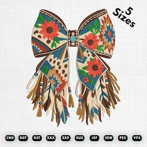 Western Cowgirl Bow Embroidery Design, Boho Coquette Embroidery Machine File, Rustic Flower Girly Bow Aztec Art Pattern (Digital Download)
