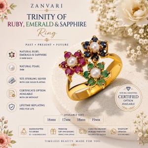 Può includere: Un anello in argento sterling 925 placcato oro con tre grappoli a forma di fiore, ciascuno con una perla naturale centrale da 3 mm circondata da rubini, smeraldi e zaffiri naturali da 2,5 mm. Disponibile nelle misure 16 mm, 17 mm, 18 mm e 19 mm.