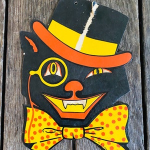 Gato negro elegante de Halloween con monóculo, grabado en relieve H.E. Luhrs, vintage