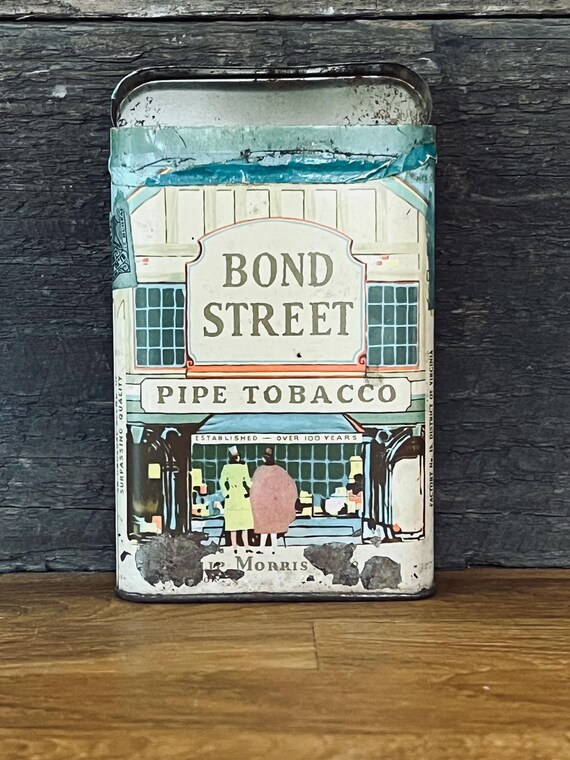 Bond Street Pipe Tobacco Tin | Morris & Co. London Graphic | Hinged-top  Tall Tin Litho | Likely 1930s–50s