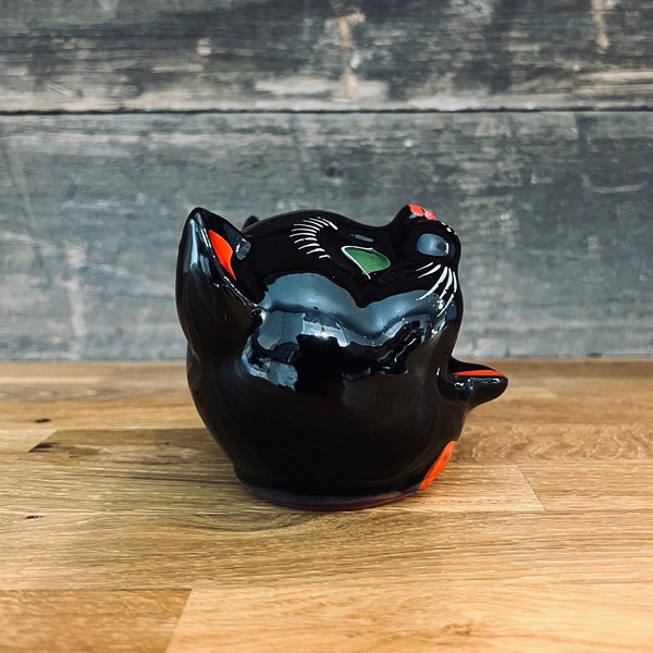 Vintage Hand-Painted Redware Black Cat Head Ashtray