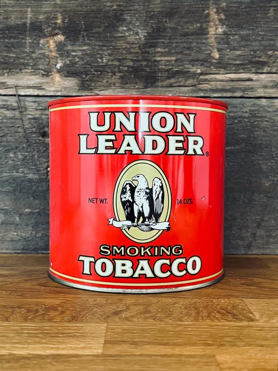 union leader smoking tobacco can tin | 14 oz lever-lid | bright red tin litho prince albert can tobacco Vintage