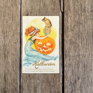 Antique Embossed Halloween Lady with Mirror Postcard