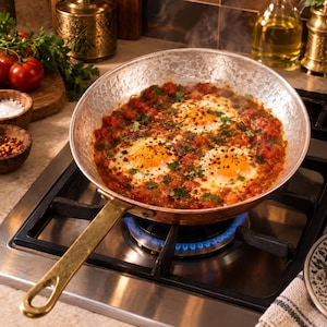 Könnte beinhalten: Eine gehämmerte Kupferpfanne mit langem Messinggriff steht auf einem Gasherd. In der Pfanne garen drei pochierte Eier in einer leuchtend roten Tomatensoße, garniert mit frischen grünen Kräutern und roten Chiliflocken, dampfend heiß.