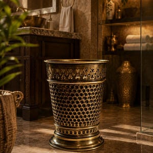 Può includere: Un cestino cilindrico realizzato in ottone anticato, caratterizzato da un bordo ampio e svasato con un motivo decorativo intagliato, una sezione centrale con un design a nido d'ape testurizzato e una solida base circolare a gradini.