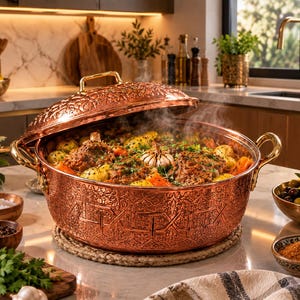 Puede incluir: Una olla grande y redonda de color cobre con un patrón floral y geométrico en relieve en el exterior. Cuenta con dos asas laterales y una tapa abovedada a juego, llena de un guiso humeante de carne, patatas y zanahorias.
