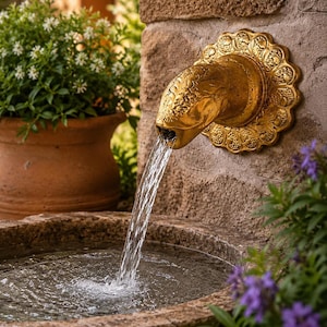 Könnte beinhalten: Ein goldfarbener Wandbrunnen-Auslauf in Form eines Tierkopfes mit einer gewellten, kreisförmigen Rückplatte. Wasser fließt aus dem Maul in ein darunter liegendes, rundes Steinbecken. Der Auslauf weist strukturierte Details und ein metallisches Finish auf.