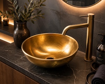 Lavabo de cobre macizo hecho a mano – Lavabo redondo de lujo para baño, lavabo de tocador artesanal