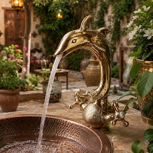 May include: A polished gold-toned dolphin-shaped tap with two cross-handle controls, one marked with an H, dispensing a steady stream of water into a round, hammered copper basin with a textured surface and a warm metallic finish.