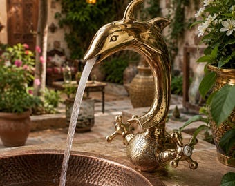 May include: A polished gold-toned dolphin-shaped faucet with two cross-handle controls, one marked with an H, dispensing a steady stream of water into a round, hammered copper basin with a textured surface and a warm metallic finish.