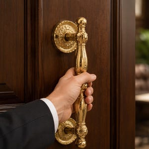 May include: A polished gold-tone metal door handle with an ornate, vertical cylindrical design and detailed circular mounting plates, attached to a dark brown wooden door. The handle features intricate embossed patterns and a smooth, reflective finish.
