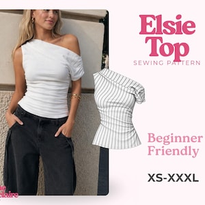 Puede incluir: Un patrón de costura para el top Elsie, con un diseño de un solo hombro y detalles fruncidos. La imagen muestra un top blanco con pantalones vaqueros negros y un dibujo técnico del top con rayas verticales. El texto incluye Elsie Top Sewing Pattern, Beginner Friendly y XS-XXXL.