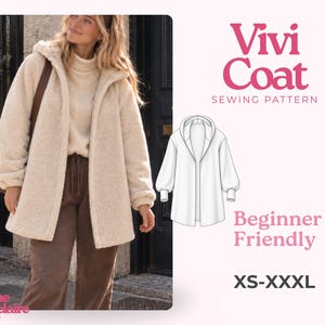 Puede incluir: Un patrón de costura para el abrigo Vivi, que muestra una chaqueta de forro polar color crema con mangas largas, capucha y cremallera. La imagen incluye un dibujo técnico del abrigo, el texto Vivi Coat Sewing Pattern, Beginner Friendly y XS-XXXL.