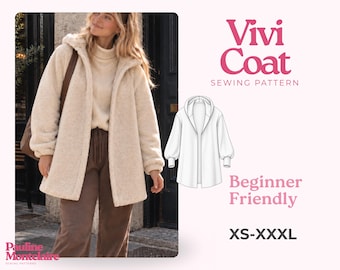 May include: A sewing pattern for a Vivi Coat featuring a cream-coloured, long-sleeved, hooded fleece jacket with a front zip. The image includes a technical line drawing of the coat, the text Vivi Coat Sewing Pattern, Beginner Friendly, and XS-XXXL.