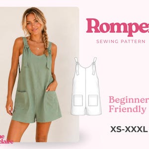 May include: A sage green romper with tie-shoulder straps and two front patch pockets. The image includes a technical line drawing of the garment, the text Romper Sewing Pattern, Beginner Friendly, XS-XXXL, and the brand name Pauline Montclaire.