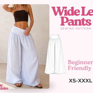 May include: Wide leg pants sewing pattern by Pauline Montclaire. The image displays a technical line drawing of high-waisted trousers with side buttons and a photograph of the trousers in a white and blue vertical stripe pattern, sized XS-XXXL.