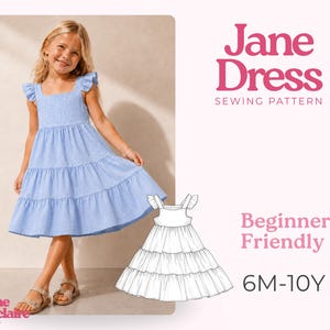 Puede incluir: Un vestido azul claro de niveles con mangas de volantes y escote cuadrado. El texto dice Jane Dress Sewing Pattern, Beginner Friendly, 6M-10Y y Pauline Montclaire Sewing Patterns. Se incluye un dibujo lineal en blanco y negro.