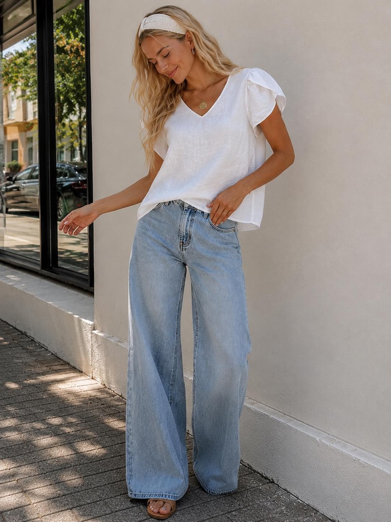 K&ouml;nnte beinhalten: Eine wei&szlig;e kurz&auml;rmelige Bluse mit V-Ausschnitt und flatternden &Auml;rmeln, kombiniert mit einer hellblauen, weit geschnittenen Jeans aus Denim. Die Bluse hat ein schlichtes Design, w&auml;hrend die Jeans eine lockere Passform und weite Beine aufweist.