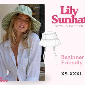 May include: A sewing pattern for a Lily Sunhat featuring a green and white gingham bucket hat with long ties. The graphic includes a technical line drawing of the hat, the text Lily Sunhat Sewing Pattern, Beginner Friendly, and XS-XXXL.
