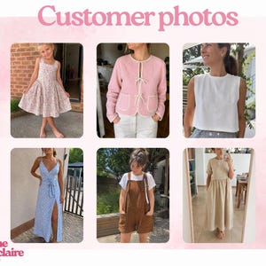 May include: A collage of six customer photos featuring various garments: a floral print dress, a pink quilted jacket with tie closures, a white sleeveless top, a blue and white patterned wrap dress, brown overalls, and a beige midi dress.