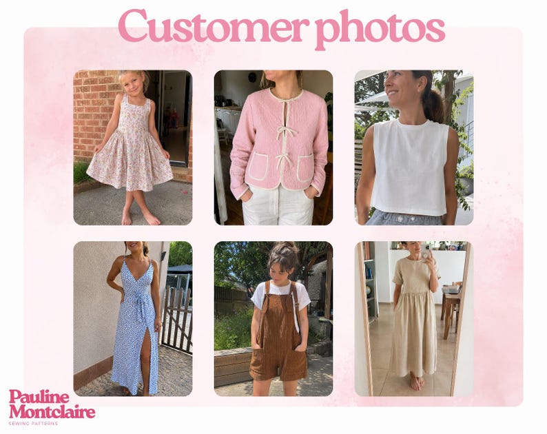 May include: A collage of six customer photos featuring various garments: a floral print dress, a pink quilted jacket with tie closures, a white sleeveless top, a blue and white patterned wrap dress, brown overalls, and a beige midi dress.