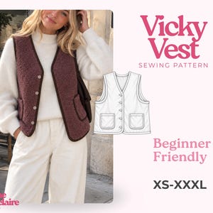 Puede incluir: Un chaleco de forro polar marrón con cuello en V, cierre de botones y dos bolsillos de parche. La imagen incluye un dibujo técnico del chaleco, el texto Vicky Vest Sewing Pattern, Beginner Friendly, XS-XXXL y Pauline Montclaire Sewing Patterns.
