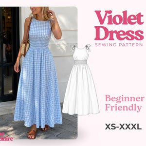 Könnte beinhalten: Ein Schnittmuster für das Violet Dress, bestehend aus einem ärmellosen Kleid mit hellblau-weißem Vichy-Karo, gesmokter Taille und Schulterbändern zum Binden. Das Bild enthält eine technische Skizze, den Text Violet Dress Sewing Pattern, Beginner Friendly und XS-XXXL.