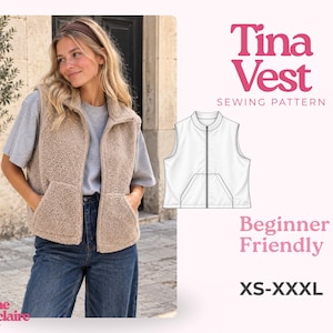 Könnte beinhalten: Eine beige Fleeceweste mit Frontreißverschluss und zwei Taschen, dargestellt neben einer weißen technischen Strichzeichnung des Kleidungsstücks. Der Text lautet Tina Vest, Sewing Pattern, Beginner Friendly, XS-XXXL und Pauline Montclaire Sewing Patterns.