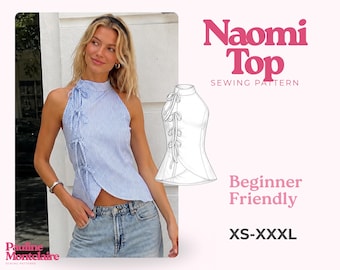 May include: A blue and white striped sleeveless top with a high neckline and a side-tie closure featuring three bows. The image includes a technical line drawing of the garment, the text Naomi Top Sewing Pattern, Beginner Friendly, and XS-XXXL.