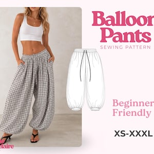 Peut inclure: Patron de couture Balloon Pants par Pauline Montclaire. L'image montre un débardeur blanc et un pantalon ballon à carreaux gris et blancs avec une taille élastique et un cordon de serrage. Un dessin technique du pantalon est inclus avec le texte : Balloon Pants, Sewing Pattern, Beginner Friendly, XS-XXXL.