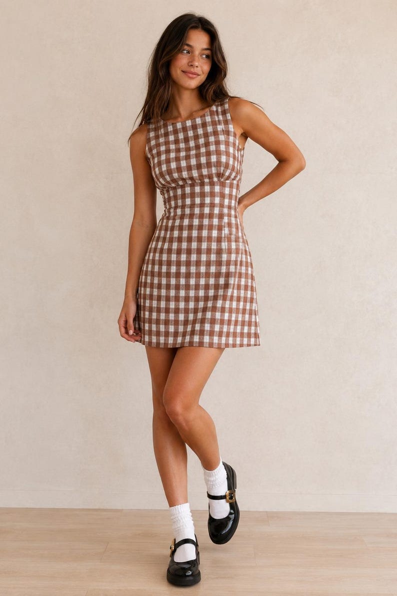 May include: A sleeveless mini dress featuring a brown and white checked pattern, a round neckline, and a fitted bodice that transitions into a slightly flared skirt. The dress is paired with white crew socks and black patent leather Mary Jane shoes.