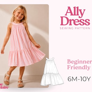 Puede incluir: Un vestido sin mangas con un patrón de rayas verticales rosas y blancas, con un escote fruncido y una falda con volantes. El texto Ally Dress Sewing Pattern, Beginner Friendly, 6M-10Y y Pauline Montclaire Sewing Patterns es visible.
