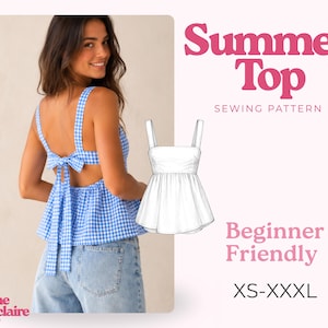 May include: A blue and white gingham print top with a square neckline, wide shoulder straps, and a tie-back closure. The image includes a technical line drawing of the top, the text Summer Top Sewing Pattern, Beginner Friendly, and XS-XXXL.