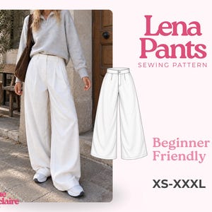 Può includere: Cartamodello Lena Pants per taglie XS-XXL. L'immagine mostra un modello di pantaloni bianchi a gamba larga con vita alta e pieghe frontali, illustrato sia come disegno tecnico che indossato con un maglione grigio e scarpe da ginnastica bianche.