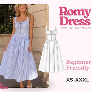 May include: A Romy Dress sewing pattern featuring a blue and white striped midi dress with a square neckline, a lace-up front detail, and a full skirt. The image includes a technical line drawing of the dress, the text Romy Dress, and XS-XXXL.