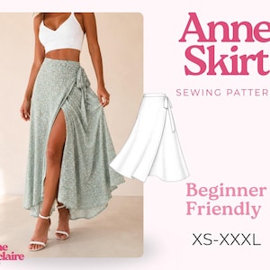 Könnte beinhalten: Ein salbeigrüner Wickelrock mit kleinem weißem Blumenmuster, hohem Seitenschlitz und Bindegürtel. Das Bild enthält den Text Anne Skirt, Sewing Pattern, Beginner Friendly, XS-XXXL und Pauline Montclaire Sewing Patterns.